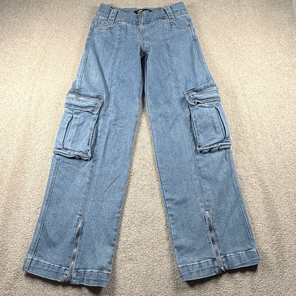 Forever 21 Cargo Jeans Womens Medium Blue Zipper Hem Wide Leg Utility Y2K